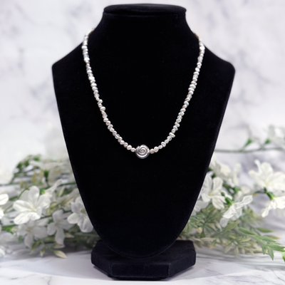 Silver Pearl and Moonstone Necklace w/ Sterling Silver Sundial Shell Bead - Artisan Made