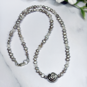 Silver Pearl and Moonstone Necklace w/ Sterling Silver Sundial Shell Bead - Artisan Made