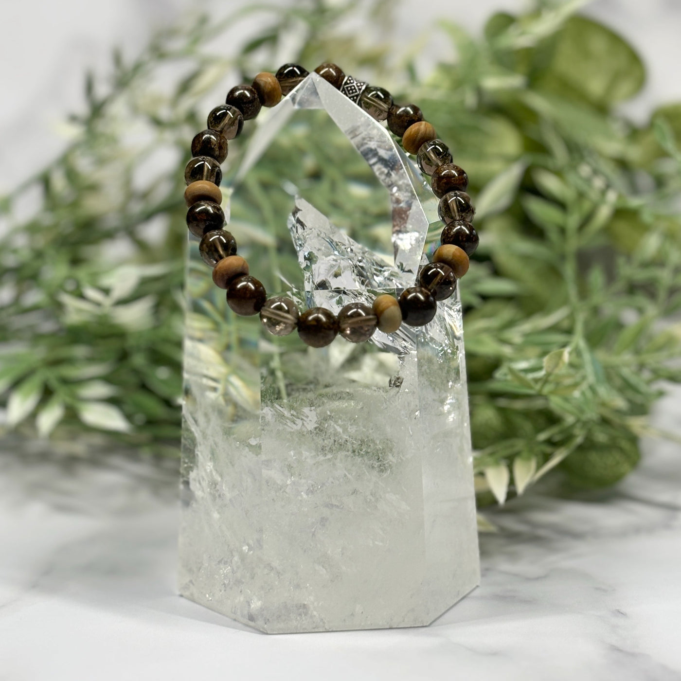 Smoky Quartz, Bronzite & Wood Jasper Stretch Bracelet - Artisan Made