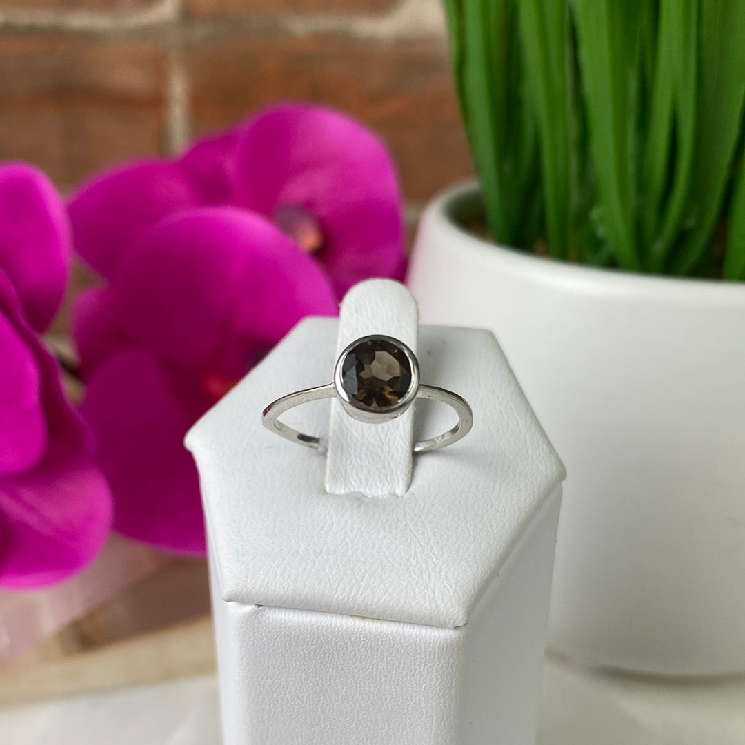 Smoky Quartz Round sterling silver Ring