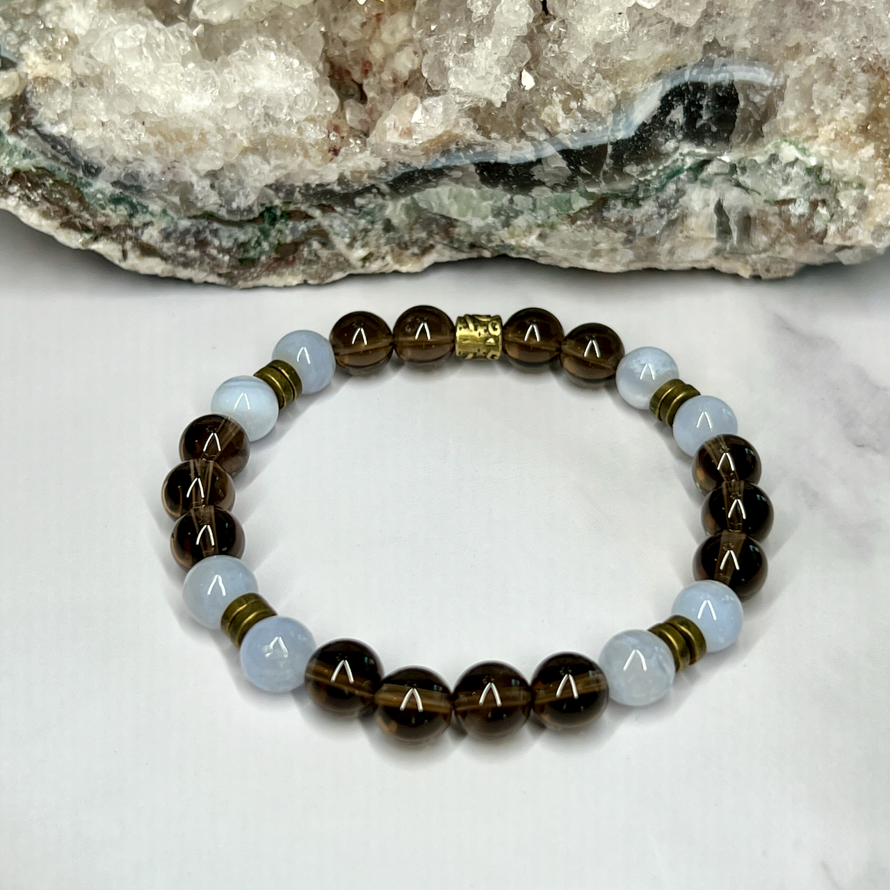 Smoky Quartz and Blue Lace Agate Stretch Bracelet - Artisan Made