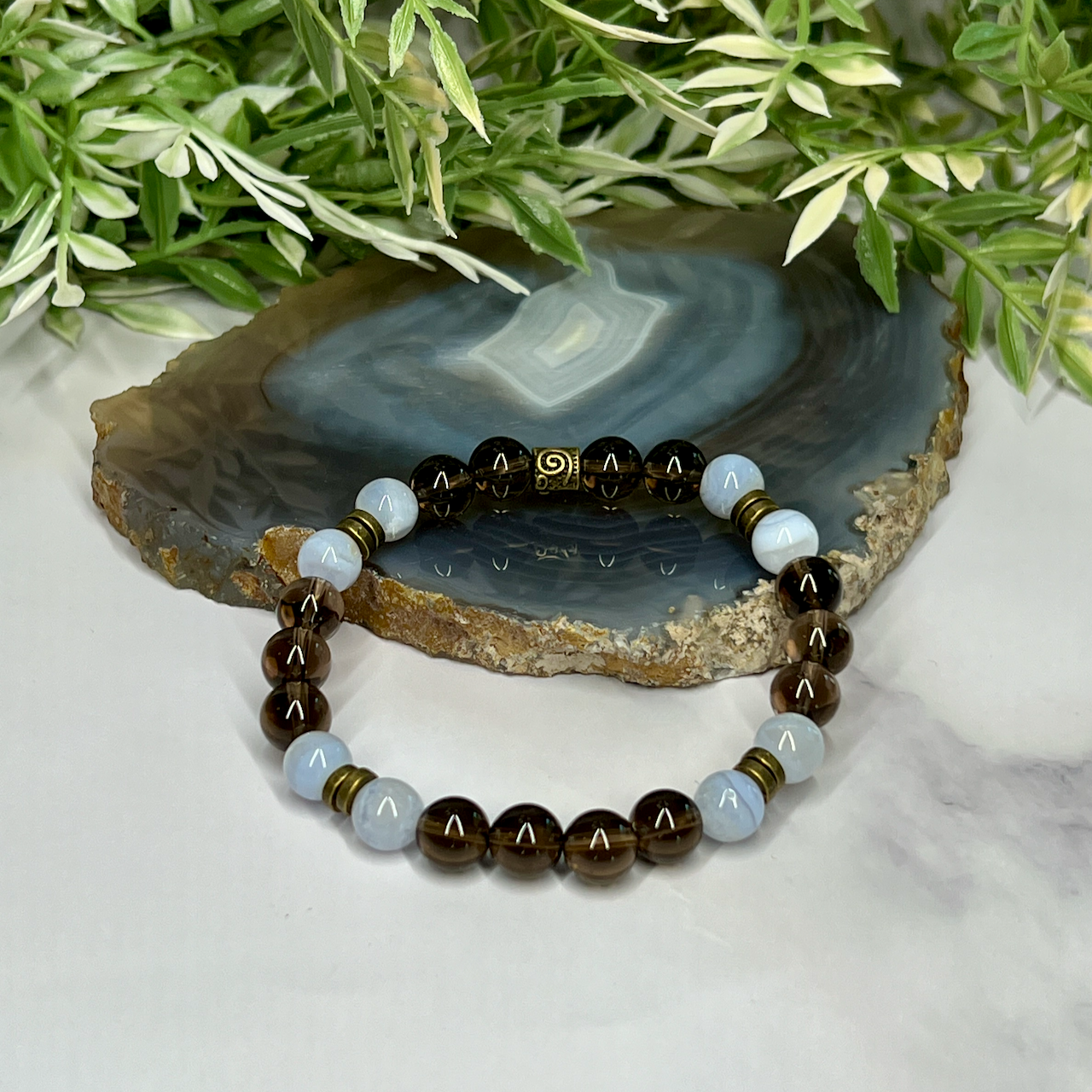 Smoky Quartz and Blue Lace Agate Stretch Bracelet - Artisan Made