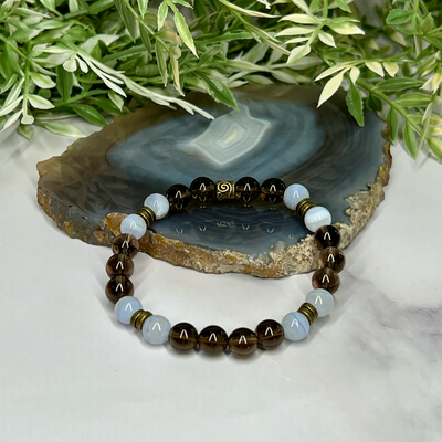 Smoky Quartz and Blue Lace Agate Stretch Bracelet - Artisan Made