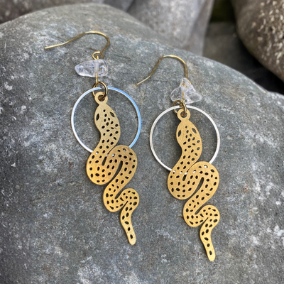 Snake and Circle Quartz Mixed Metal Earrings -Artisan Made