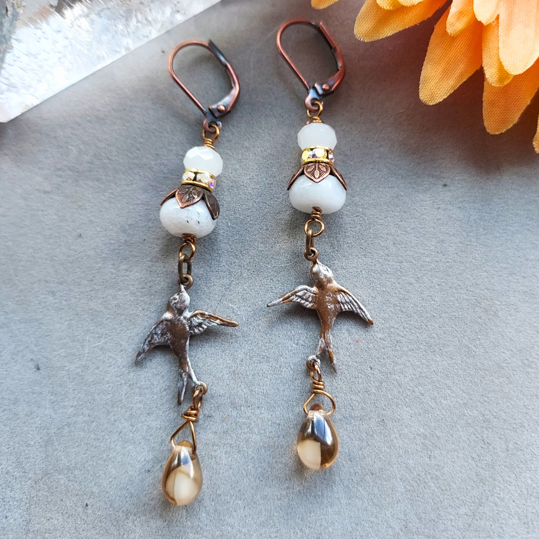 "Snowbirds" Snow Quartz & Vintage Bird Earrings - Artisan Made