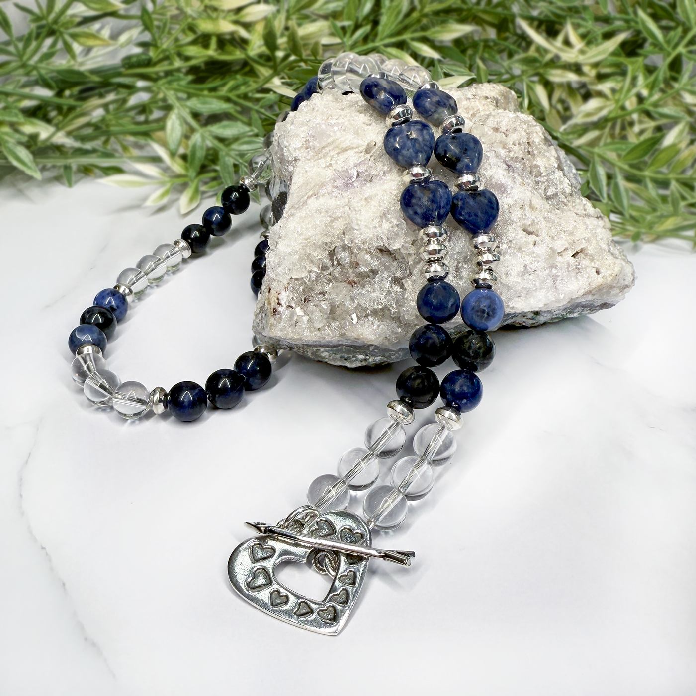 Sodalite and Crystal Quartz Heart Necklace- Artisan Made