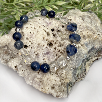 Sodalite and Crystal Quartz Heart Stretch Bracelet - Artisan Made