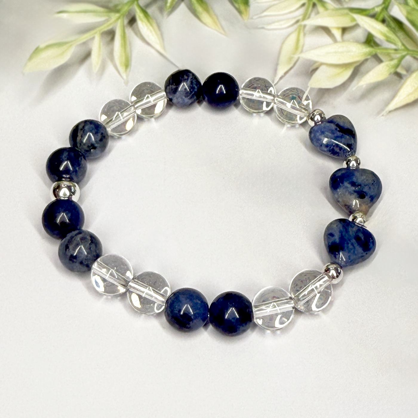 Sodalite and Crystal Quartz Heart Stretch Bracelet - Artisan Made