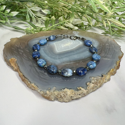 Sodalite and Faceted Hematite Bracelet- Artisan Made