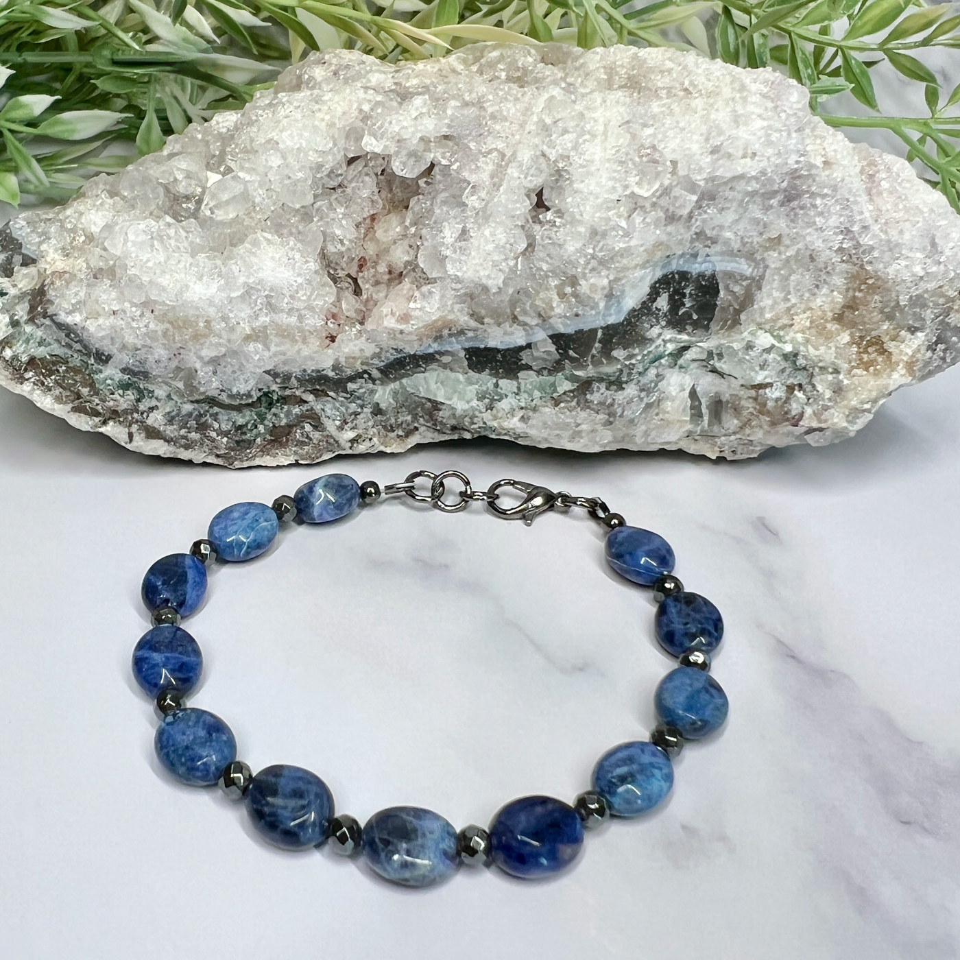 Sodalite and Faceted Hematite Bracelet- Artisan Made