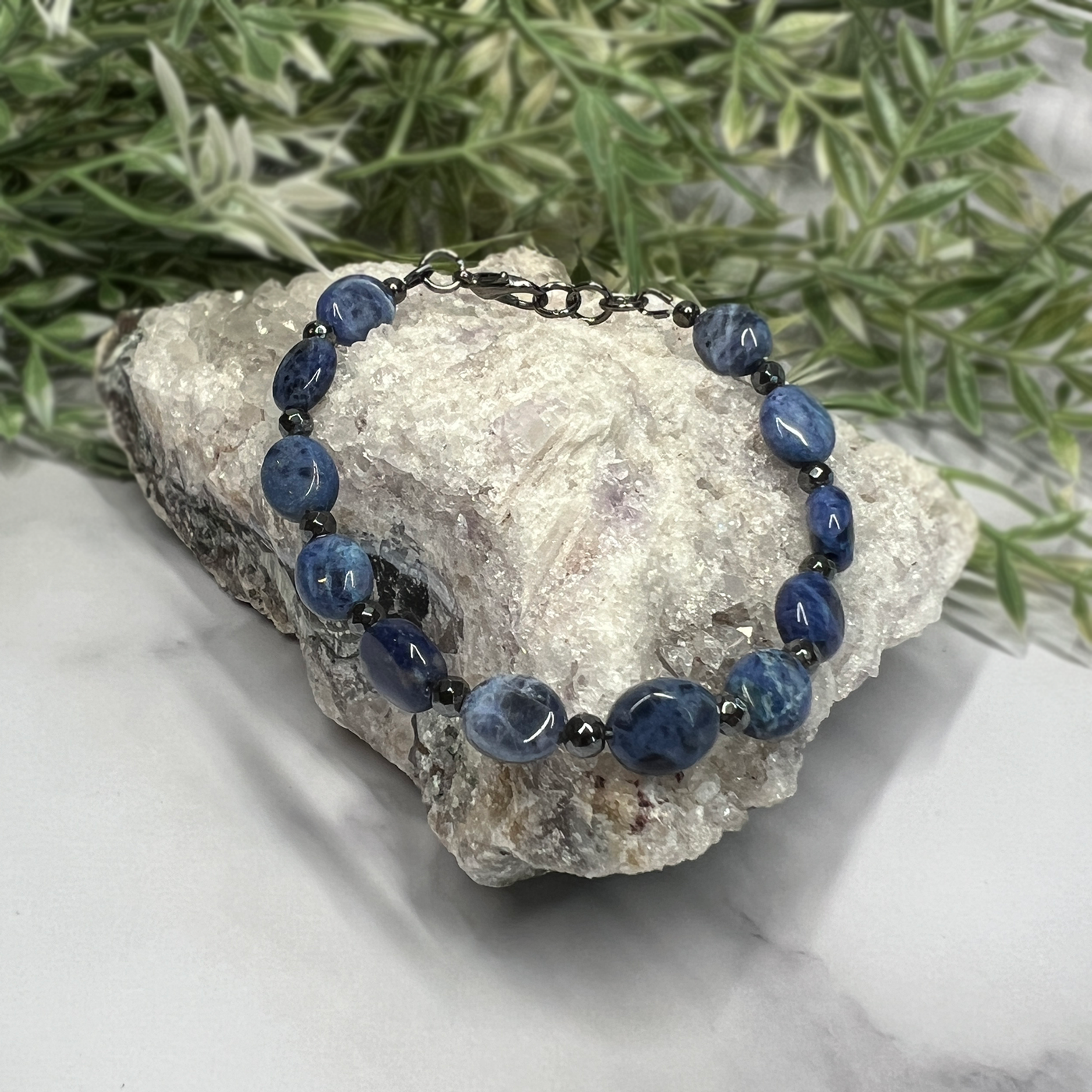 Sodalite and Faceted Hematite Bracelet- Artisan Made