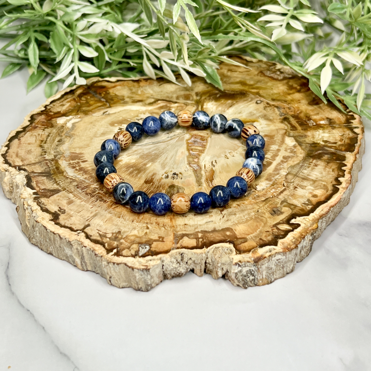 Sodalite and Palm Wood Unisex Bracelet - Artisan Made