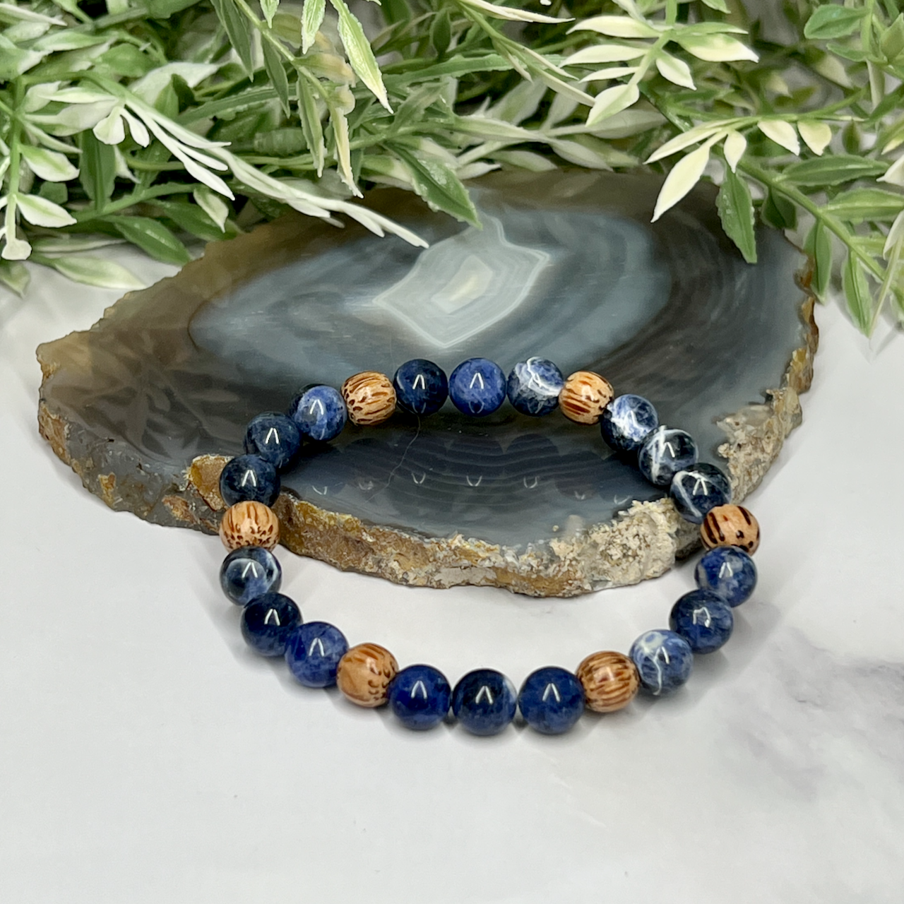 Sodalite and Palm Wood Unisex Bracelet - Artisan Made