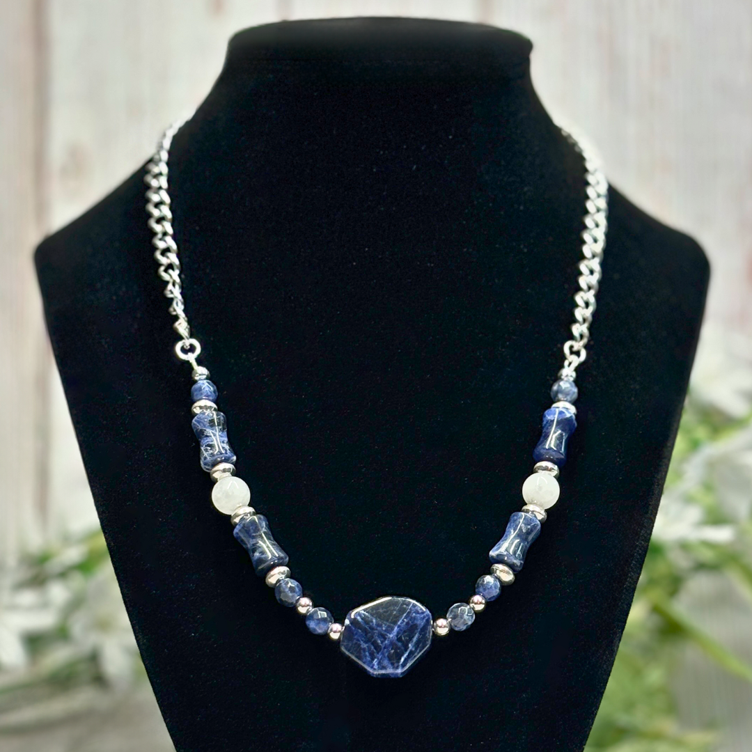 Sodalite and White Jade Necklace- Artisan Made