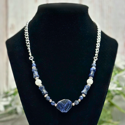 Sodalite and White Jade Necklace- Artisan Made