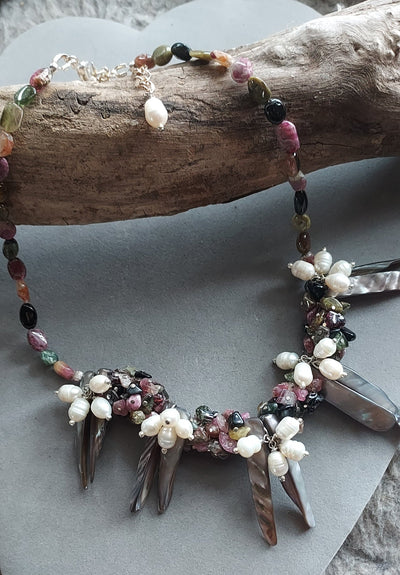 "Spellbound" Rainbow Tourmaline, Pearl & Shell Necklace - Artisan Made