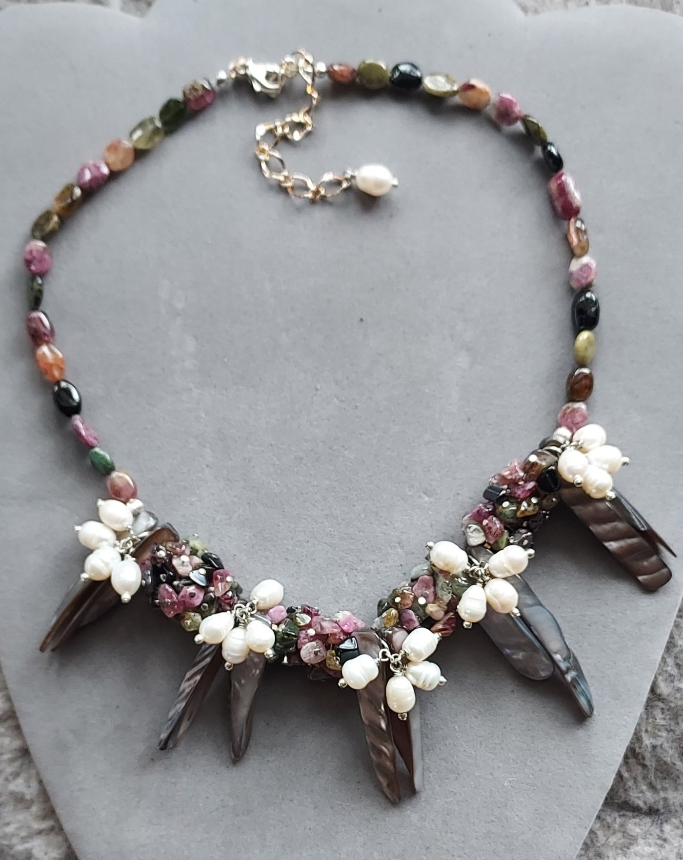 "Spellbound" Rainbow Tourmaline, Pearl & Shell Necklace - Artisan Made