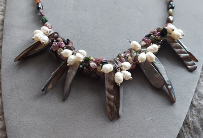 "Spellbound" Rainbow Tourmaline, Pearl & Shell Necklace - Artisan Made