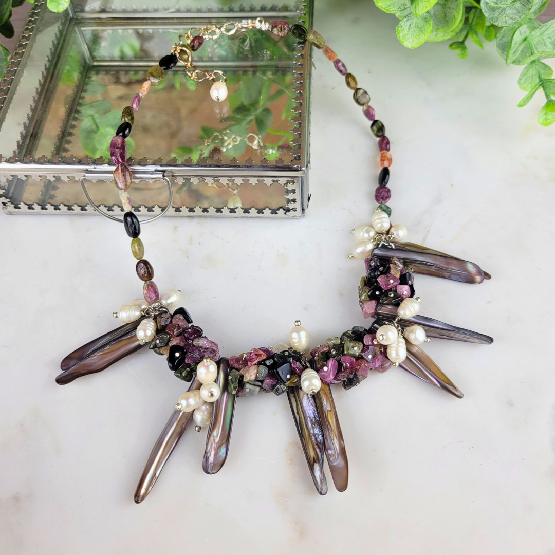 "Spellbound" Rainbow Tourmaline, Pearl & Shell Necklace - Artisan Made