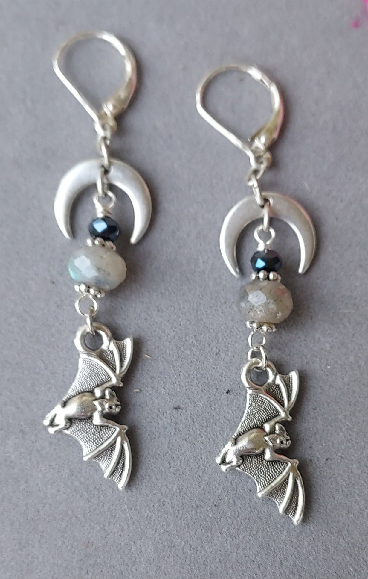 "Spirit Guides" Labradorite, Bat & Crescent Moon Earrings - Artisan Made