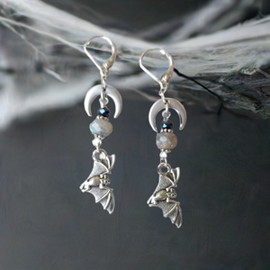 "Spirit Guides" Labradorite, Bat & Crescent Moon Earrings - Artisan Made