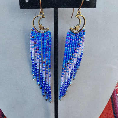 "Starry Night" Star & Moon Beaded Fringe Earrings - Artisan Made