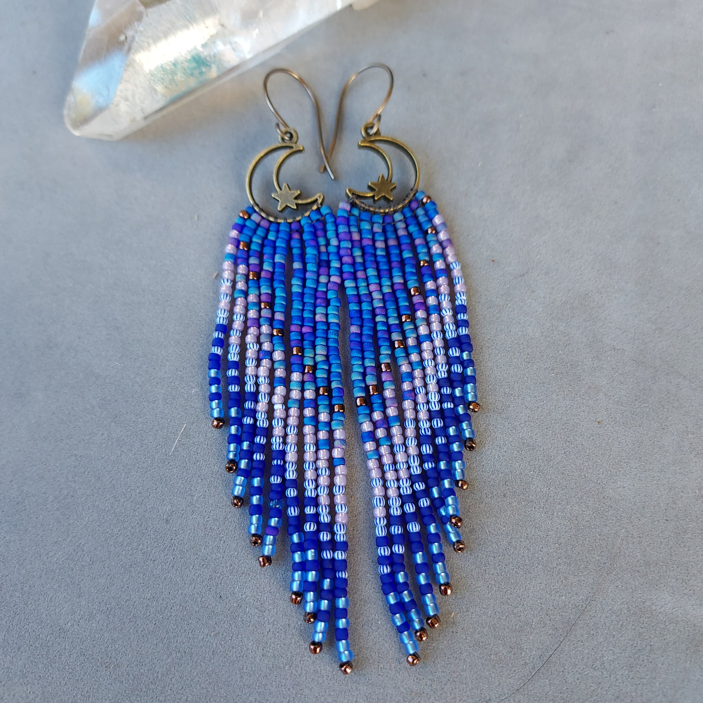 "Starry Night" Star & Moon Beaded Fringe Earrings - Artisan Made