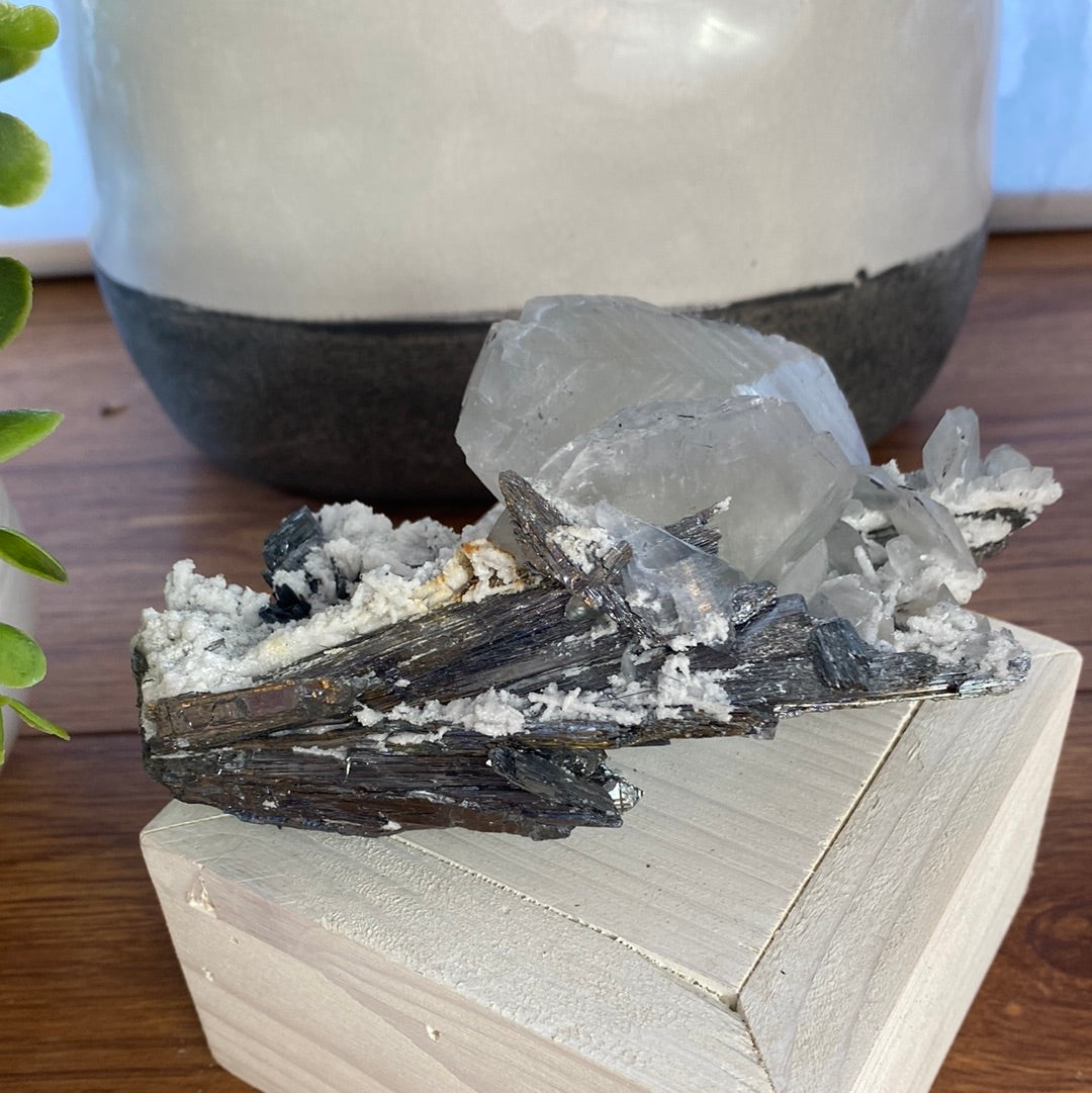 Stibnite and Calcite Cluster 6 x 3”
