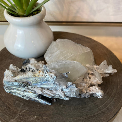 Stibnite and Calcite Cluster 6 x 3”