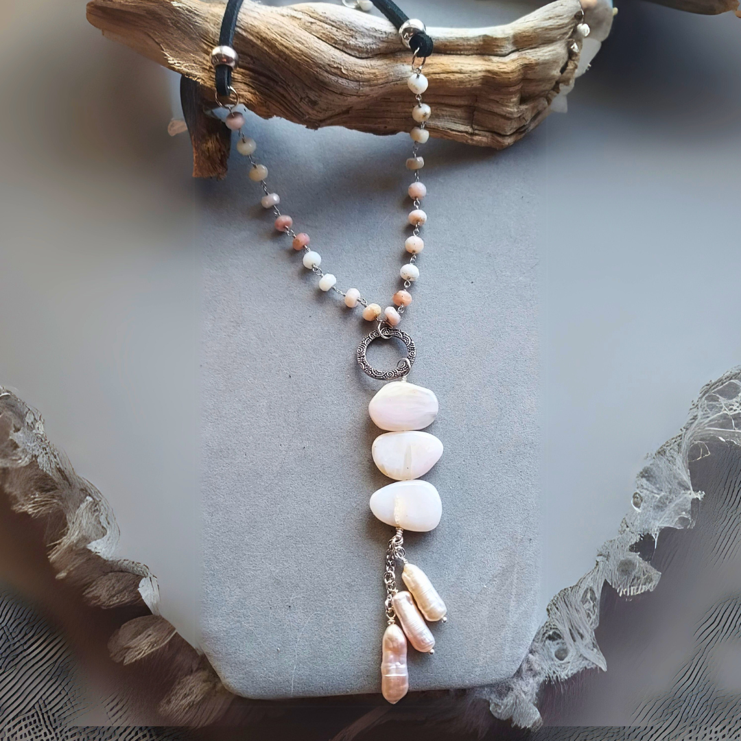 "Stone of Compassion, Love & Healing" Peruvian Pink Opal & Biwa Pearl Necklace- Artisan Made