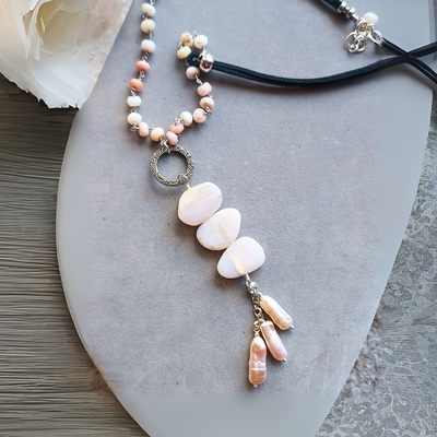 "Stone of Compassion, Love & Healing" Peruvian Pink Opal & Biwa Pearl Necklace- Artisan Made