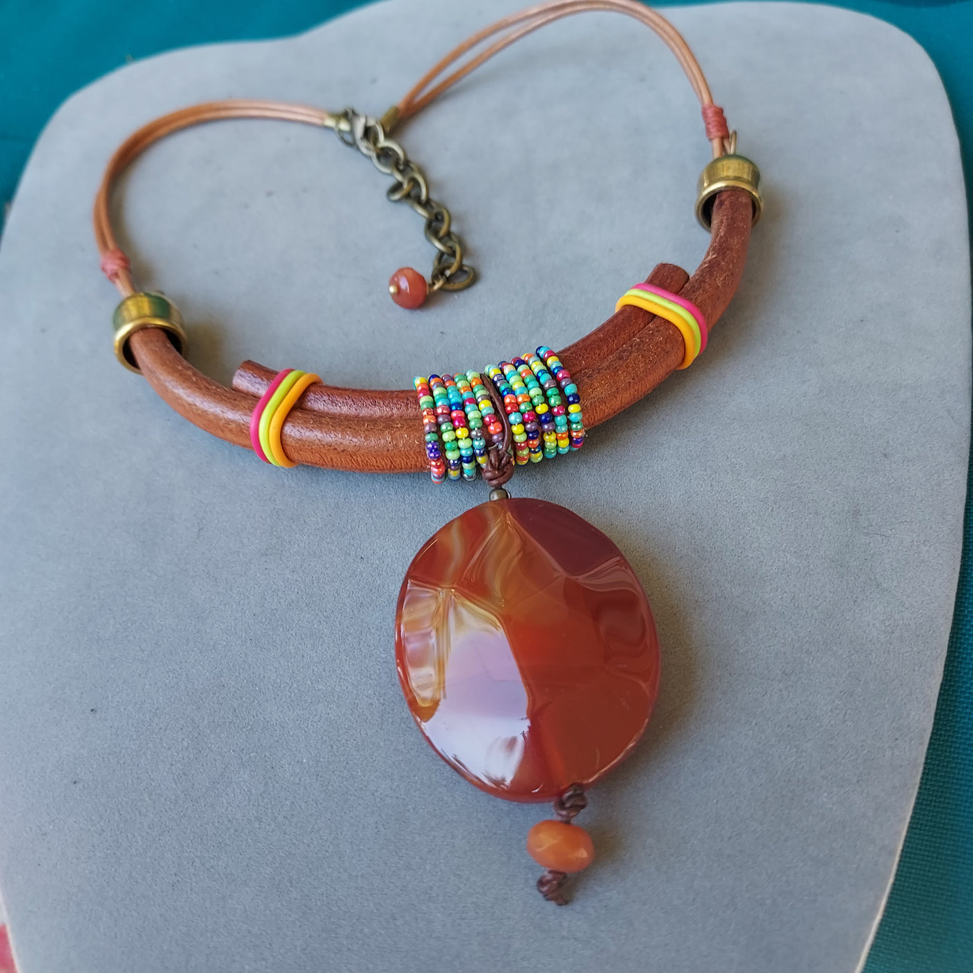 "Stone of Empowerment" Red Agate & Leather Necklace - Artisan Made