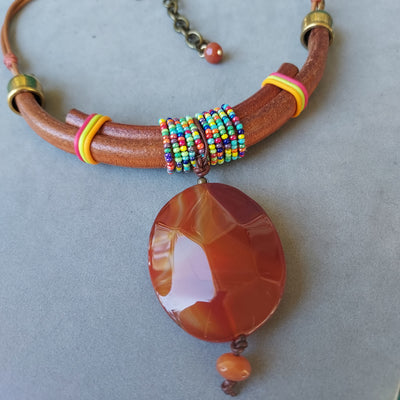 "Stone of Empowerment" Red Agate & Leather Necklace - Artisan Made