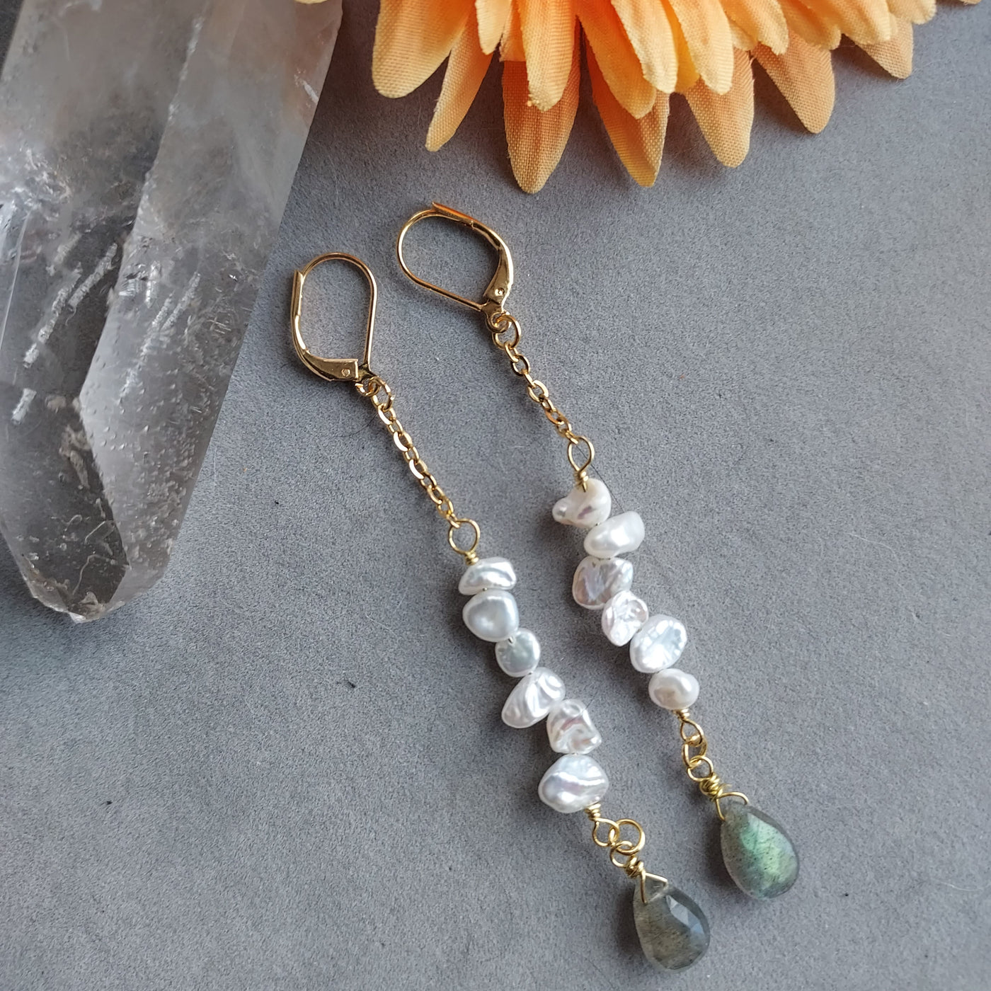"Stone of Protection & Strength" Labradorite & Keshi Pearl Earrings - Artisan Made