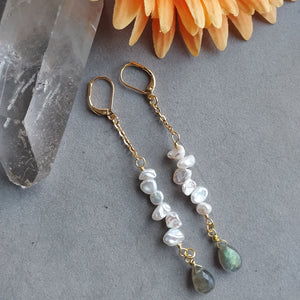 "Stone of Protection & Strength" Labradorite & Keshi Pearl Earrings - Artisan Made