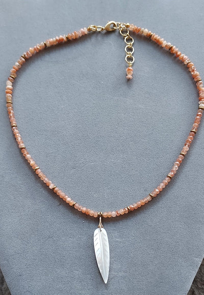 "Stone of Radiant Energy" Sunstone & Mother of Pearl Necklace - Artisan Made