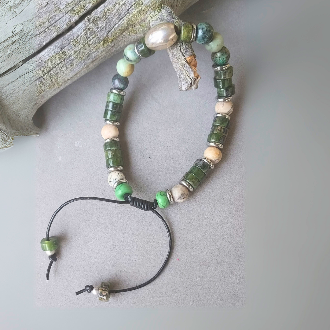 "Stones of Good Fortune" Jade & Opal men Adjustable Cuff - Artisan Made