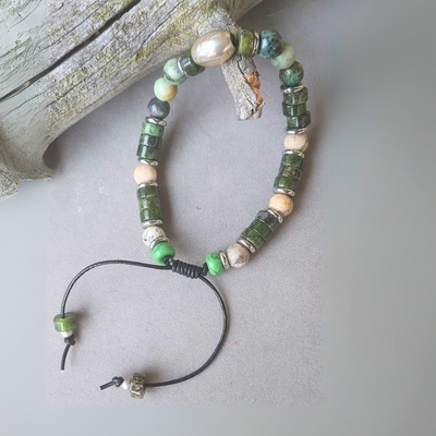 "Stones of Good Fortune" Jade & Opal men Adjustable Cuff - Artisan Made