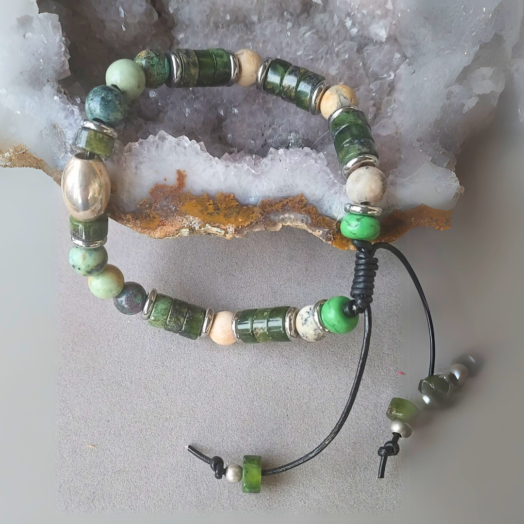 "Stones of Good Fortune" Jade & Opal men Adjustable Cuff - Artisan Made