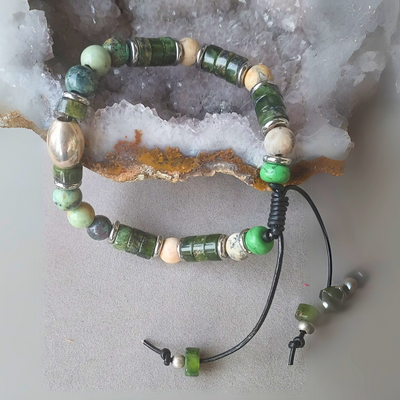 "Stones of Good Fortune" Jade & Opal men Adjustable Cuff - Artisan Made