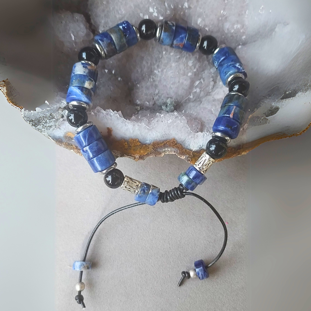 "Stones of Harmony, Creativity & Healing" Unisex Sodalite & Black Onyx Adjustable Cuff - Artisan Made