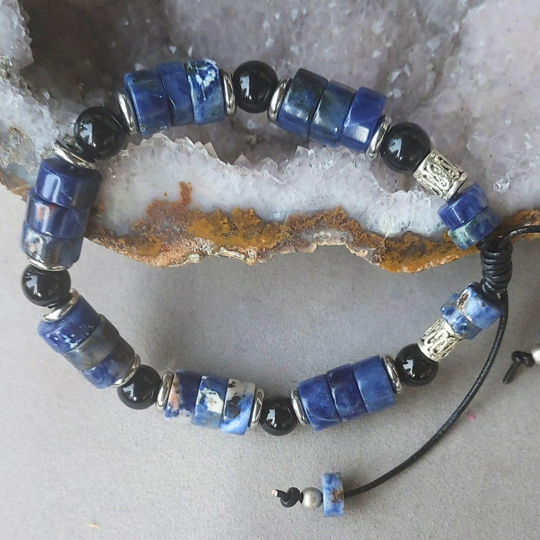 "Stones of Harmony, Creativity & Healing" Unisex Sodalite & Black Onyx Adjustable Cuff - Artisan Made