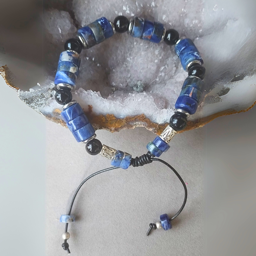 "Stones of Harmony, Creativity & Healing" men Sodalite & Black Onyx Adjustable Cuff - Artisan Made
