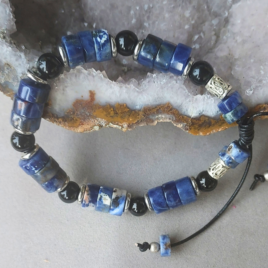"Stones of Harmony, Creativity & Healing" men Sodalite & Black Onyx Adjustable Cuff - Artisan Made
