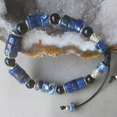 "Stones of Harmony, Creativity & Healing" men Sodalite & Black Onyx Adjustable Cuff - Artisan Made