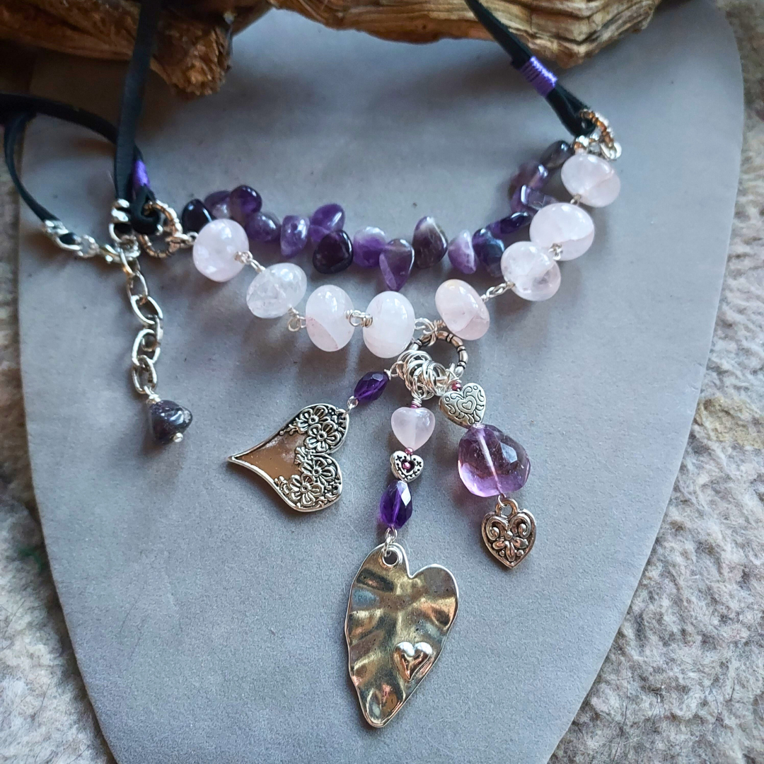 "Stones of Love & Peace" Amethyst & Rose Quartz Heart Necklace - Artisan Made