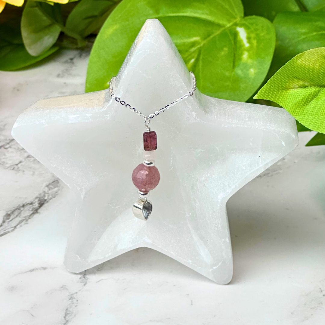 Strawberry Quartz & Watermelon Tourmaline Sterling Silver Necklace - Artisan Made