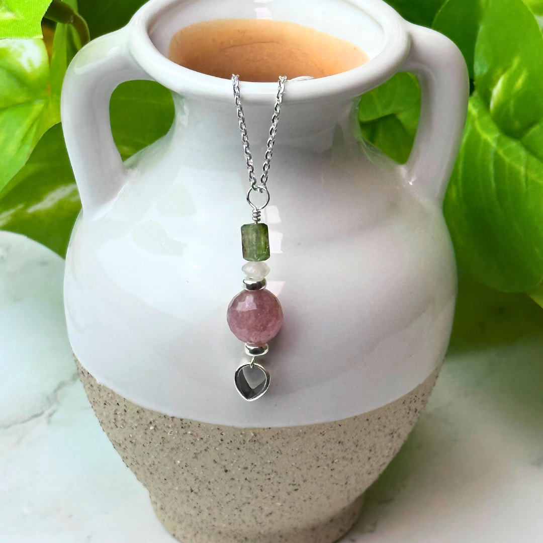 Strawberry Quartz & Watermelon Tourmaline Sterling Silver Necklace - Artisan Made