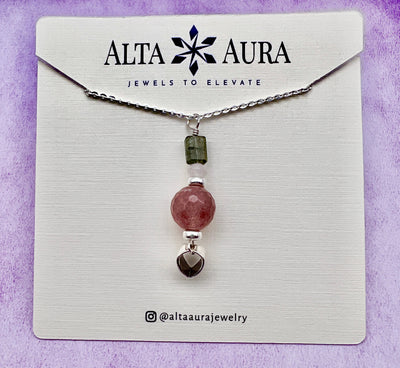 Strawberry Quartz & Watermelon Tourmaline Sterling Silver Necklace - Artisan Made