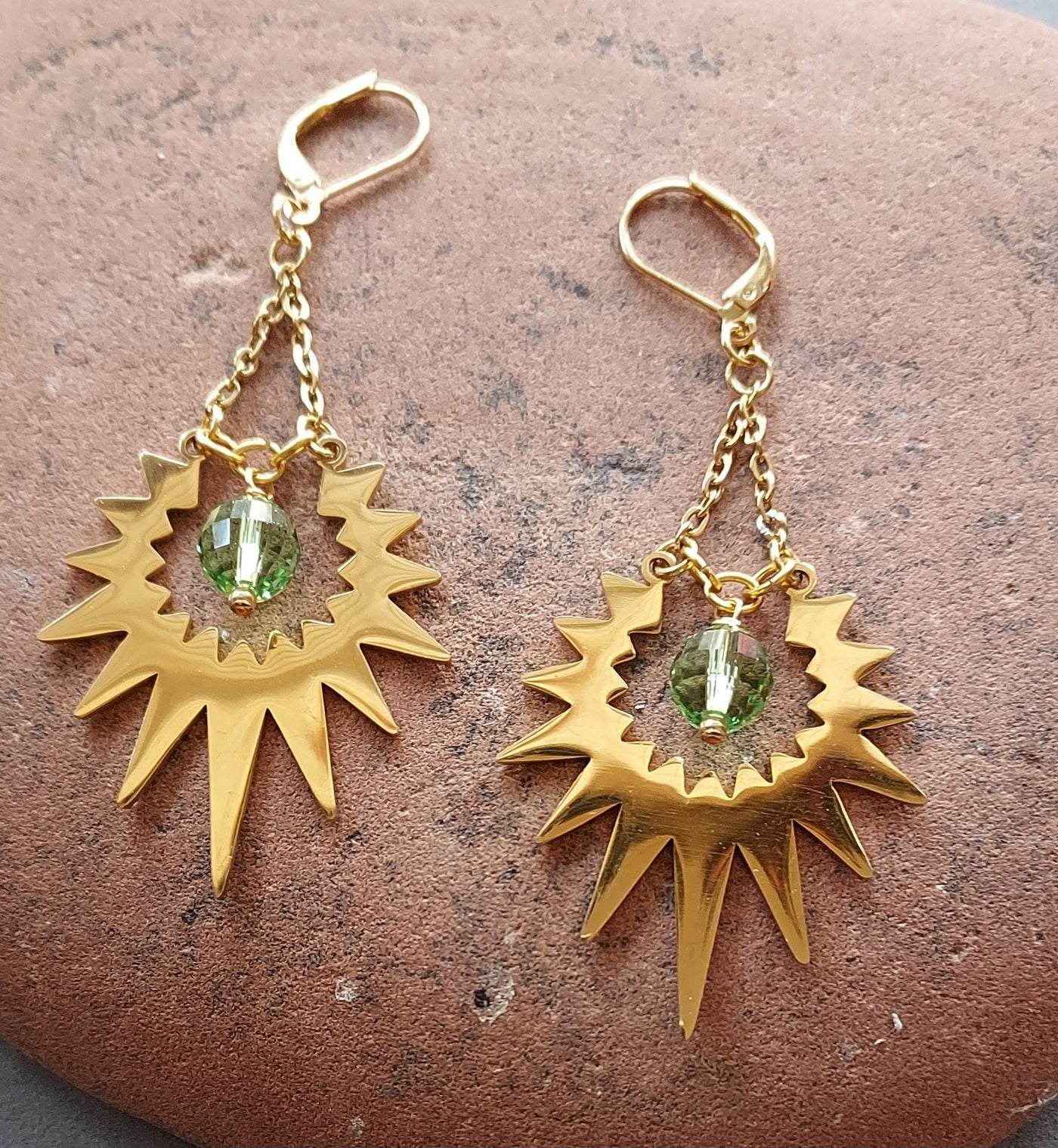 "Sunburst" Peridot Swarovski Crystal & Sun Ray Earrings - Artisan Made